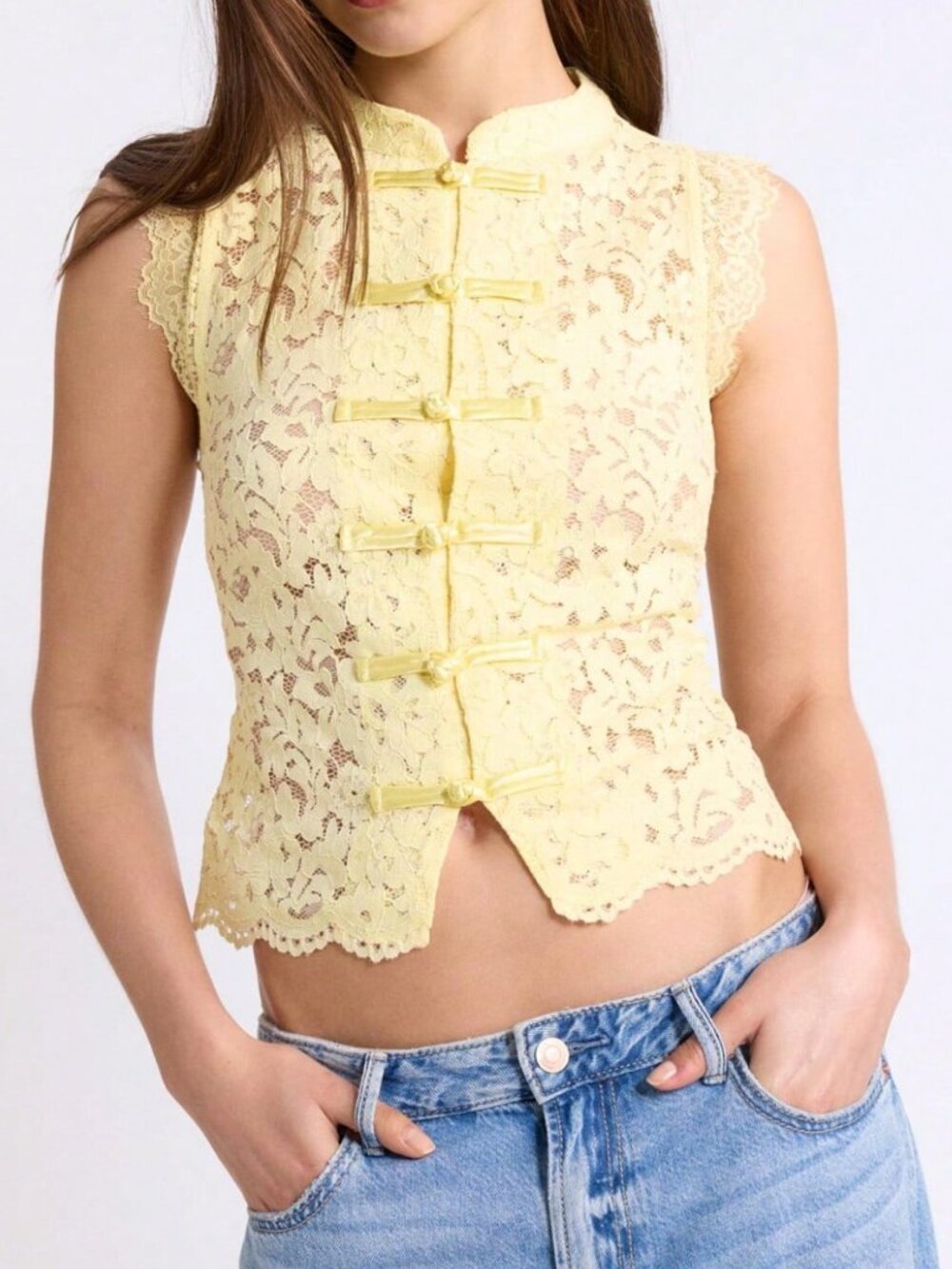 Light Yellow Casual Women's Lace Floral Blouse